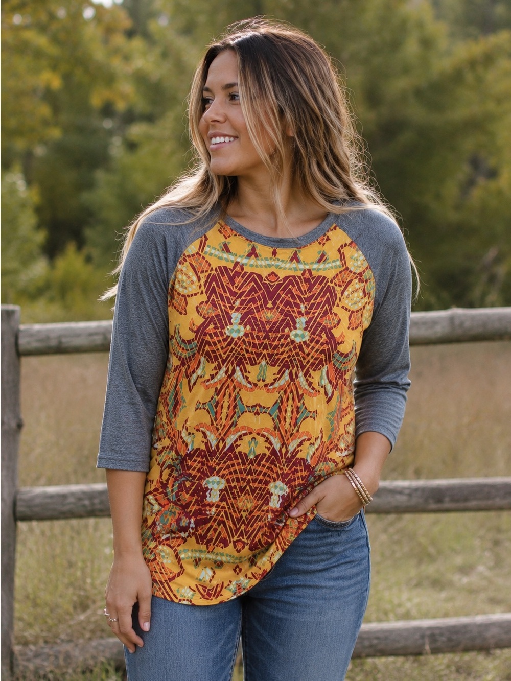 LuLaRoe Gray and Orange Raglan Tee